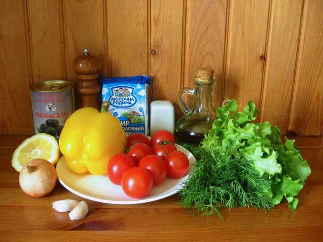 Овощной салат с творожными шариками. Ингредиенты.