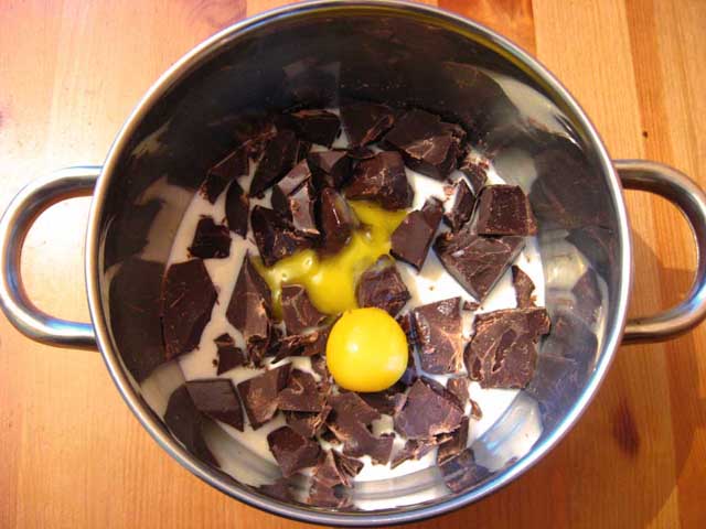 К шоколаду с молоком добавляем желтки.