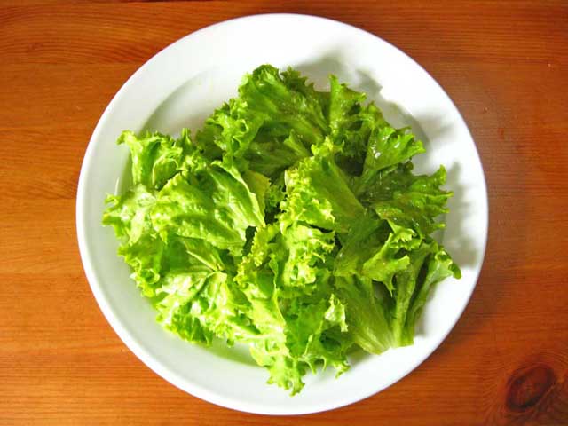 Выложенные на порционную тарелку листья салата.